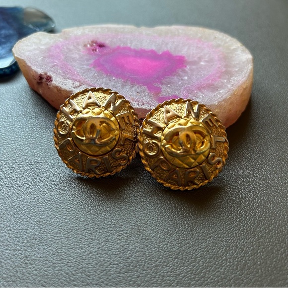 Vintage Gold CC Quilted and Lettered Clip-On Earrings - Picture 2 of 11